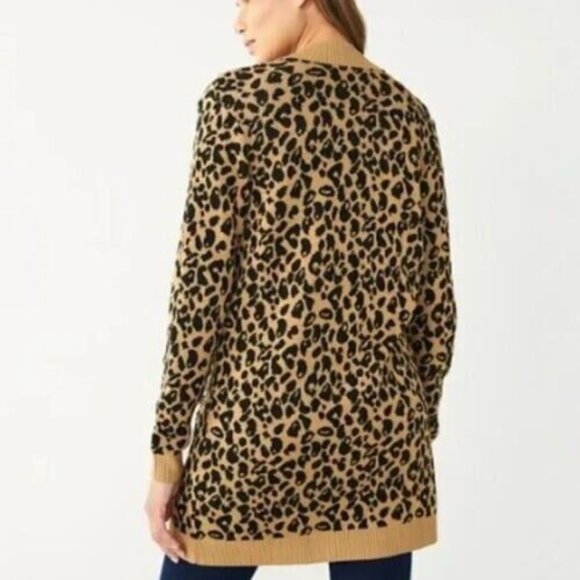 Women's Nine West Essential Cardigan Sweater Tan Cheetah Print Size L Large - Picture 2 of 3